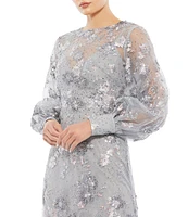 Mac Duggal Beaded Illusion Crew Neck Long Bishop Sleeve Gown