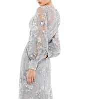 Mac Duggal Beaded Illusion Crew Neck Long Bishop Sleeve Gown