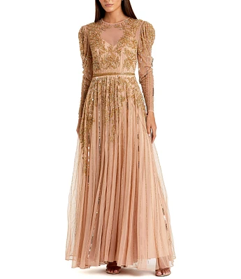 Mac Duggal Beaded Illusion Crew Neck Long Puffed Sleeve Gown