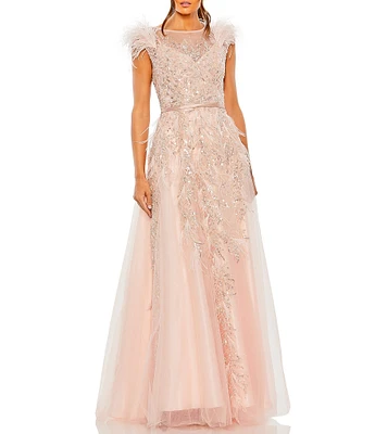 Mac Duggal Beaded Illusion Crew Neck Feather Cap Sleeve A-Line Gown