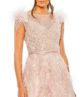 Mac Duggal Beaded Illusion Crew Neck Feather Cap Sleeve A-Line Gown