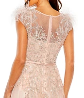 Mac Duggal Beaded Illusion Crew Neck Feather Cap Sleeve A-Line Gown