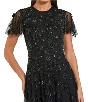 Mac Duggal Beaded Crew Neck Short Sleeve A-Line Dress