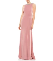 Mac Duggal Beaded Jeweled Crew Neck Sleeveless Sheath Gown