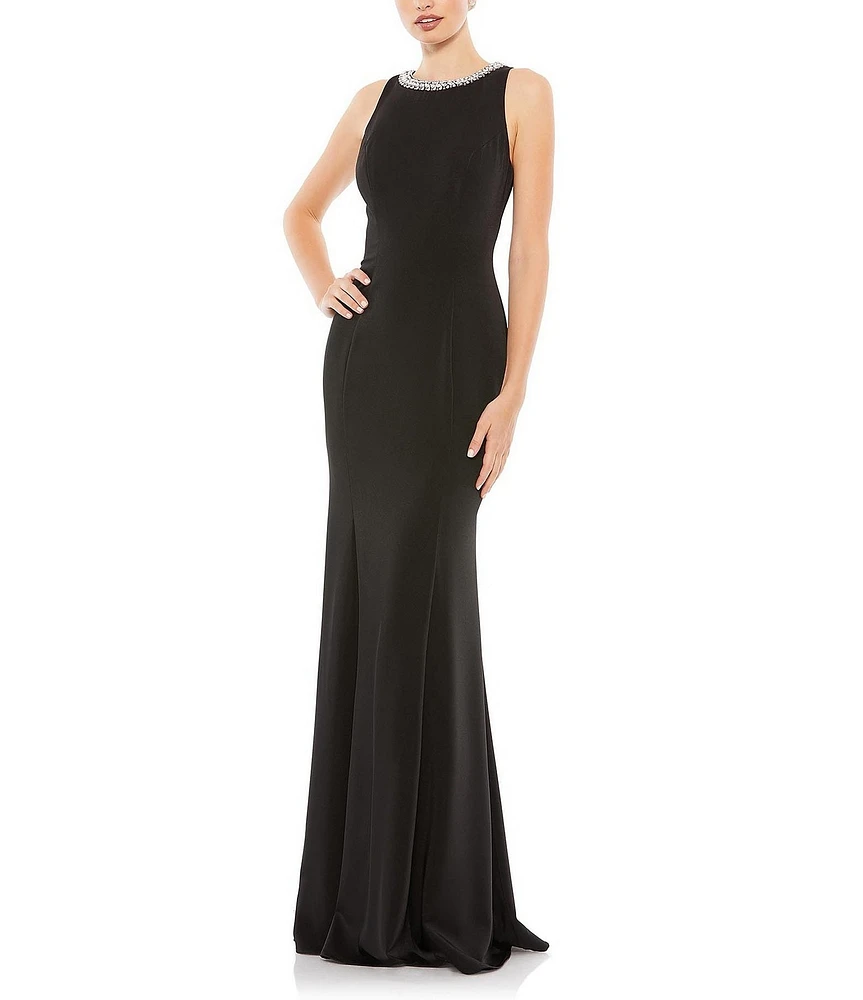 Mac Duggal Beaded Jeweled Crew Neck Sleeveless Sheath Gown