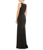 Mac Duggal Beaded Jeweled Crew Neck Sleeveless Sheath Gown