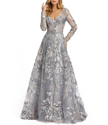 Mac Duggal Beaded Sheer Long Sleeve V-Neck Illusion Ball Gown