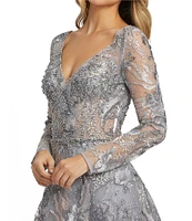 Mac Duggal Beaded Sheer Long Sleeve V-Neck Illusion Ball Gown