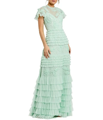 Mac Duggal Beaded Mesh High Neck Micro Ruffle Floral Overlay Column Gown