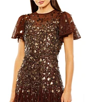 Mac Duggal Beaded Mesh High Neck Short Flutter Sleeve Fringe A-Line Dress