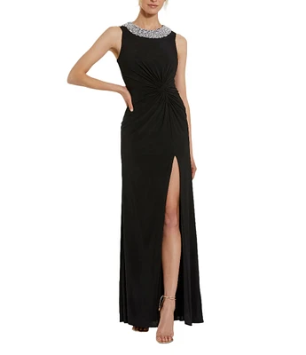 Mac Duggal Beaded Neck Sleeveless Twist Front Jersey Column Gown