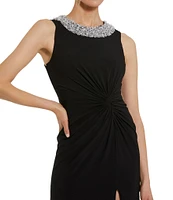 Mac Duggal Beaded Neck Sleeveless Twist Front Jersey Column Gown