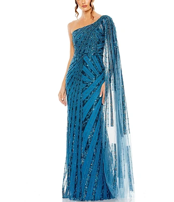 Mac Duggal Beaded One Shoulder Cape Sleeve Gown