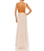 Mac Duggal Beaded One Shoulder Sleeveless Fit and Flare Gown