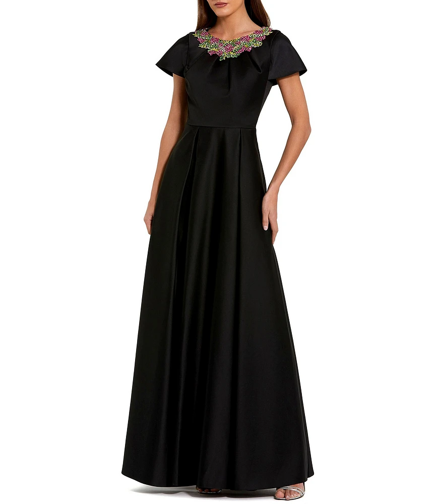 Mac Duggal Beaded Round Neck Short Sleeve Satin Aline Gown