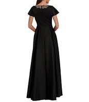 Mac Duggal Beaded Round Neck Short Sleeve Satin Aline Gown