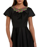 Mac Duggal Beaded Round Neck Short Sleeve Satin Aline Gown
