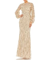 Mac Duggal Beaded Sequin High Crew Neck Long Sheer Puff Sleeve Gown