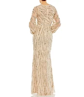 Mac Duggal Beaded Sequin High Crew Neck Long Sheer Puff Sleeve Gown