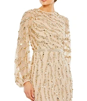 Mac Duggal Beaded Sequin High Crew Neck Long Sheer Puff Sleeve Gown