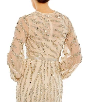 Mac Duggal Beaded Sequin High Crew Neck Long Sheer Puff Sleeve Gown