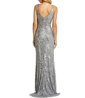 Mac Duggal Beaded Sequin V-Neck Sleeveless Thigh High Side Slit Gown