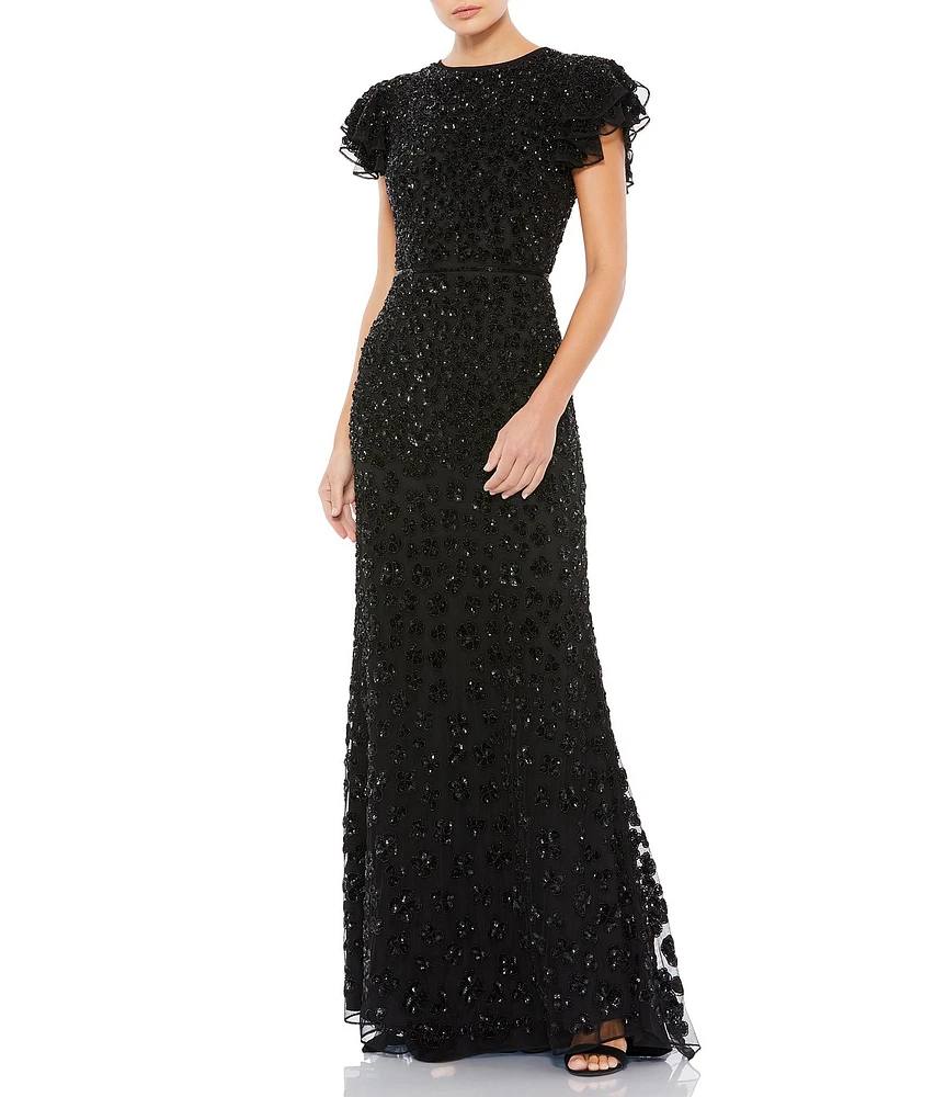 Mac Duggal Beaded Short Flutter Sleeve Crew Neck Sheath Gown