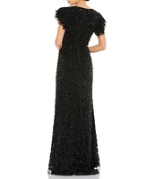 Mac Duggal Beaded Short Flutter Sleeve Crew Neck Sheath Gown