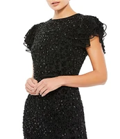 Mac Duggal Beaded Short Flutter Sleeve Crew Neck Sheath Gown