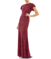 Mac Duggal Beaded Short Flutter Sleeve Crew Neck Sheath Gown