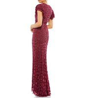 Mac Duggal Beaded Short Flutter Sleeve Crew Neck Sheath Gown