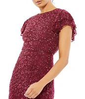 Mac Duggal Beaded Short Flutter Sleeve Crew Neck Sheath Gown