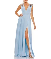Mac Duggal Beaded Shoulder Deep V-Neck Cap Sleeve Thigh High Slit A-Line Gown
