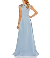Mac Duggal Beaded Shoulder Deep V-Neck Cap Sleeve Thigh High Slit A-Line Gown