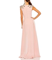 Mac Duggal Beaded Shoulder Deep V-Neck Cap Sleeve Thigh High Slit A-Line Gown