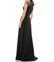 Mac Duggal Beaded Shoulder Deep V-Neck Cap Sleeve Thigh High Slit A-Line Gown