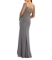 Mac Duggal Beaded Square Neck Long Illusion Sleeve Jersey Side Slit Gown