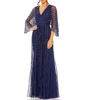 Mac Duggal Beaded Stripe 3/4 Kimono Sleeve V-Neck Gown