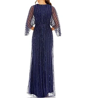 Mac Duggal Beaded Stripe 3/4 Kimono Sleeve V-Neck Gown