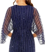 Mac Duggal Beaded Stripe 3/4 Kimono Sleeve V-Neck Gown