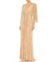 Mac Duggal Beaded Stripe 3/4 Kimono Sleeve V-Neck Gown