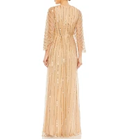 Mac Duggal Beaded Stripe 3/4 Kimono Sleeve V-Neck Gown