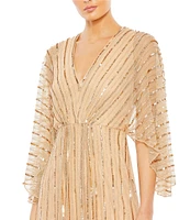 Mac Duggal Beaded Stripe 3/4 Kimono Sleeve V-Neck Gown