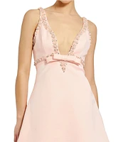 Mac Duggal Beaded Trim Deep V-Neck Sleeveless Bow Mini Dress