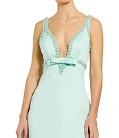 Mac Duggal Beaded Trim Deep V-Neck Sleeveless Bow Mini Dress