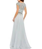 Mac Duggal Beaded V-Neck Cap Sleeve A-Line Gown