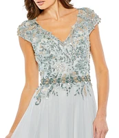 Mac Duggal Beaded V-Neck Cap Sleeve A-Line Gown