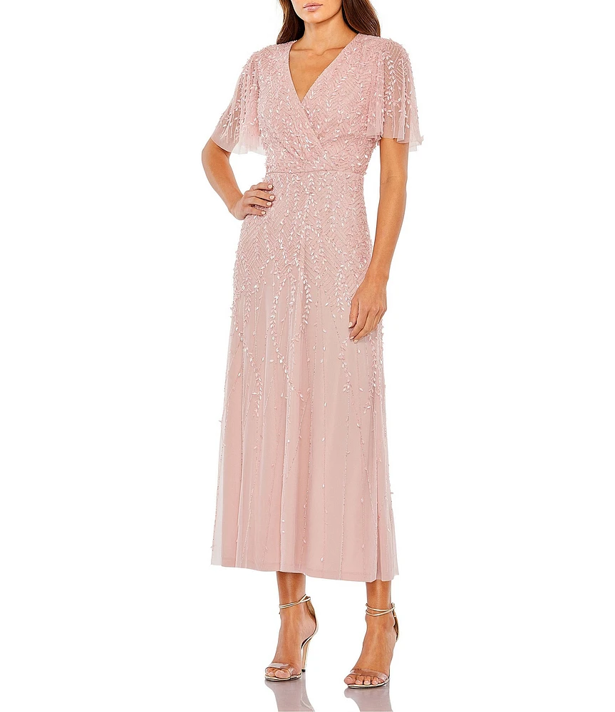 Mac Duggal Beaded V-Neck Flutter Sleeve Faux Wrap Midi Dress