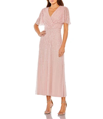 Mac Duggal Beaded V-Neck Flutter Sleeve Faux Wrap Midi Dress