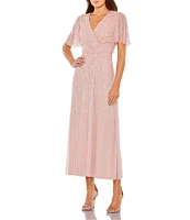 Mac Duggal Beaded V-Neck Flutter Sleeve Faux Wrap Midi Dress